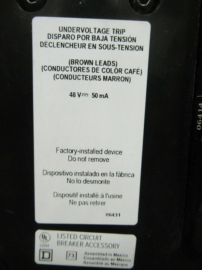 Used 450 AMP SQUARE D BREAKER 519568P15 600 VDC 3 POLE W/ AUXILIARY SWITCH & UVR