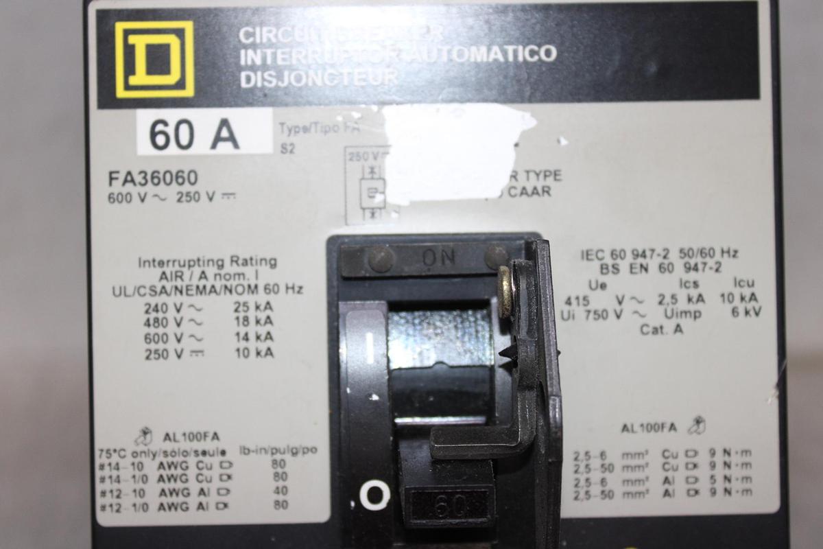 Used SQUARE D I-LINE POWERPACT CIRCUIT BREAKER HDA36060 60 AMP 600 VOLT 3-POLE