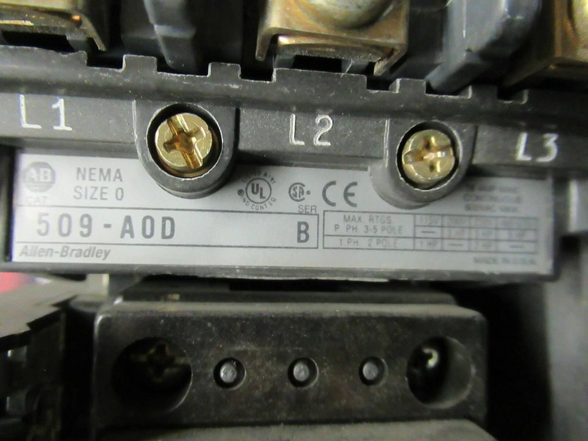 Used ALLEN BRADLEY STARTER 509-A0D SER. B 600 VAC 5 HP @ 460 VAC 3 PH 18 AMP SIZE 0