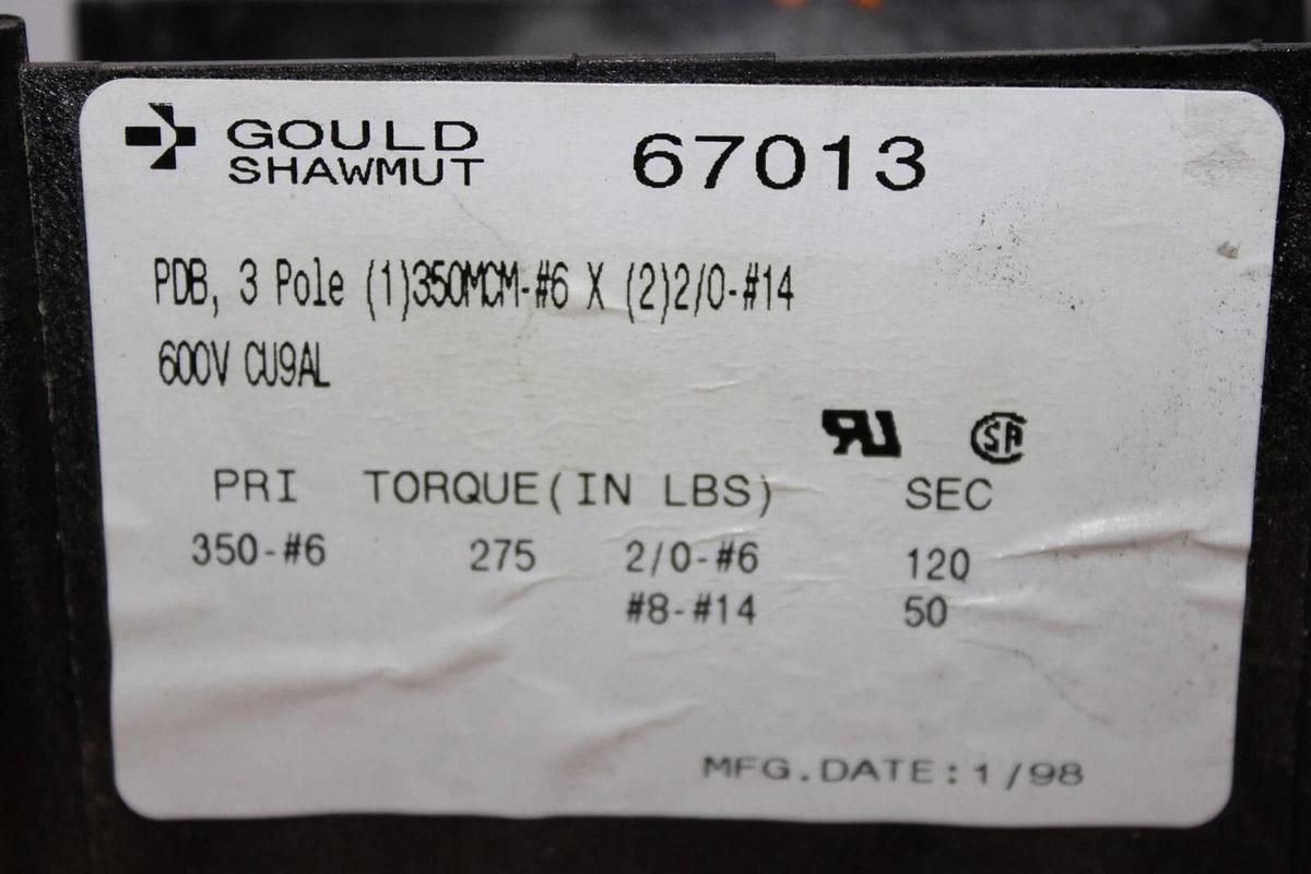 Used LOT OF 3 GOULD SHAWMUT TERMINATION LUG 67013 PDB 3-POLE 600 VOLT **WARRANTY**