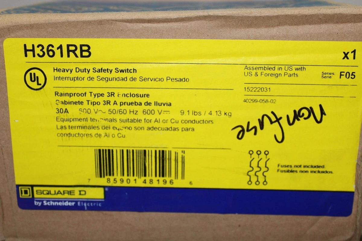 NIB SQUARE D HEAVY DUTY SAFETY SWITCH H361RB 30 AMP 600 VAC TYPE 3R NON-FUSIBLE