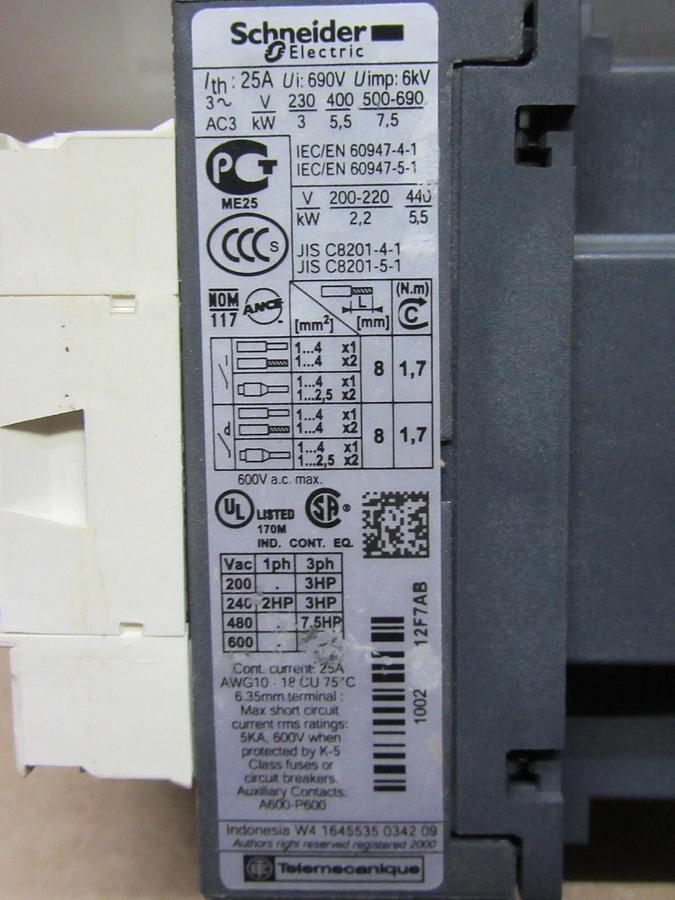 Used SCHNEIDER CONTACTOR LC1-D12 600 VAC 25 AMP 7.5 HP COIL: 110 VOLT **WARRANTY**