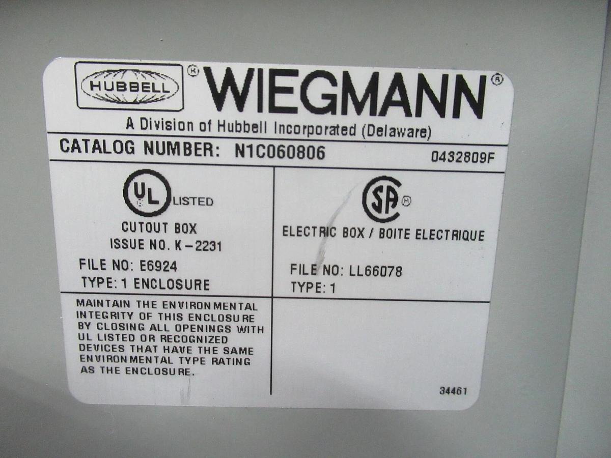 NEW SURPLUS HUBBEL WIEGMANN TYPE 1 ENCLOSURE N1C060806 8" X 6" X 6" **WARRANTY**