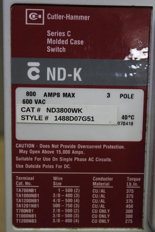 Used CUTLER HAMMER MOLDED CASE SWITCH ND3800WK 800 AMP 600 VAC 3-POLE **WARRANTY**