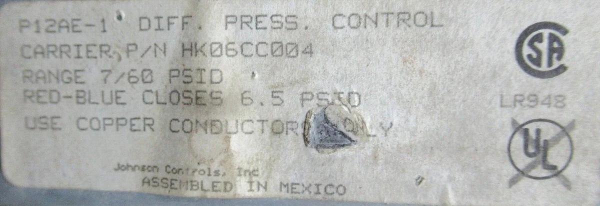 Used JOHNSON CONTROLS / CARRIER DIFFERENTIAL PRESSURE CONTROL HK06CC004 / P12AE-1