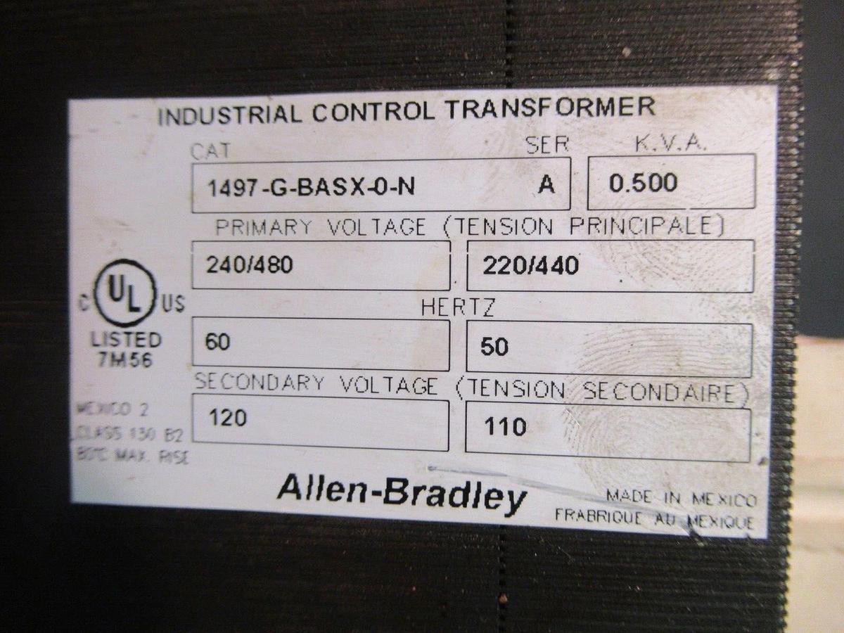 Used ALLEN BRADLEY CONTROL TRANSFORMER 1497-G-BASX-0-N SER. A KVA: 0.5 VOLT: 480