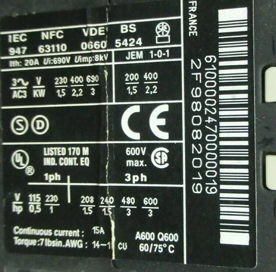 Used TELEMECANIQUE CONTACTOR LC1K0610B7 600 VAC 15 AMP 3 HP COIL: 120 VAC