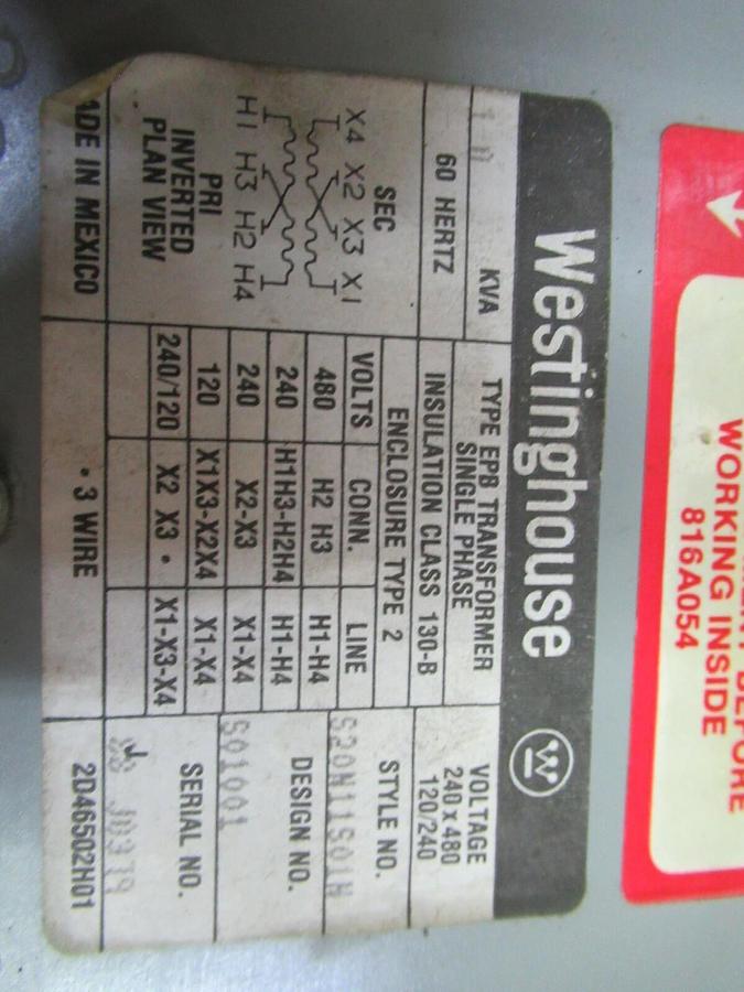 Used 1 KVA WESTINGHOUSE S20N11S01H ENCAPSULATED TRANSFORMER 240 X 480 VAC 240/120