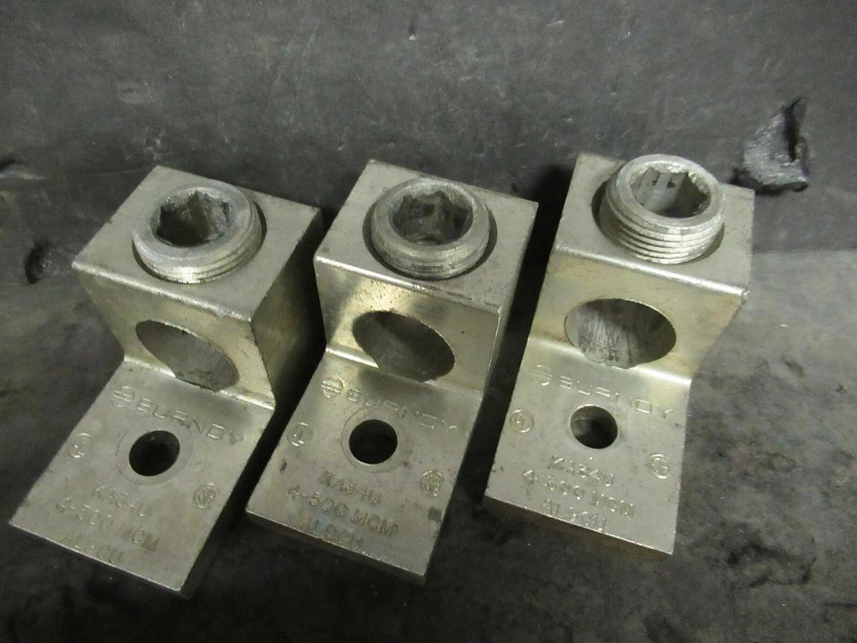 Used (3) QTY BURNDY KA34U 1 (SINGLE) BARREL MECHANICAL CONNECTOR LUG TAP 500 MCM - 4