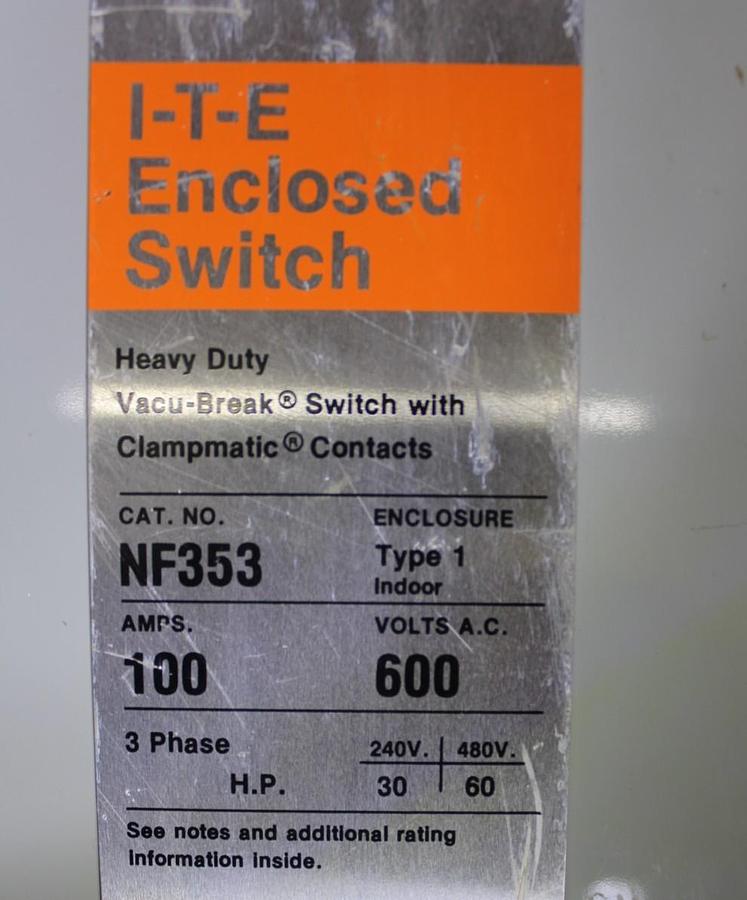 Used ITE ENCLOSED DISCONNECT SWITCH NF353 100 AMP 600 VAC TYPE 1 ENCLOSURE HEAVY DUTY