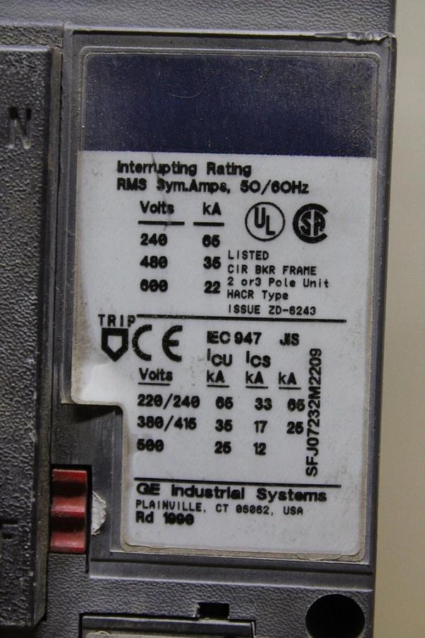 Used GE HI-BREAK CIRCUIT BREAKER SFHA36AT0250 225 AMP TRIP 600 VAC 3-POLE