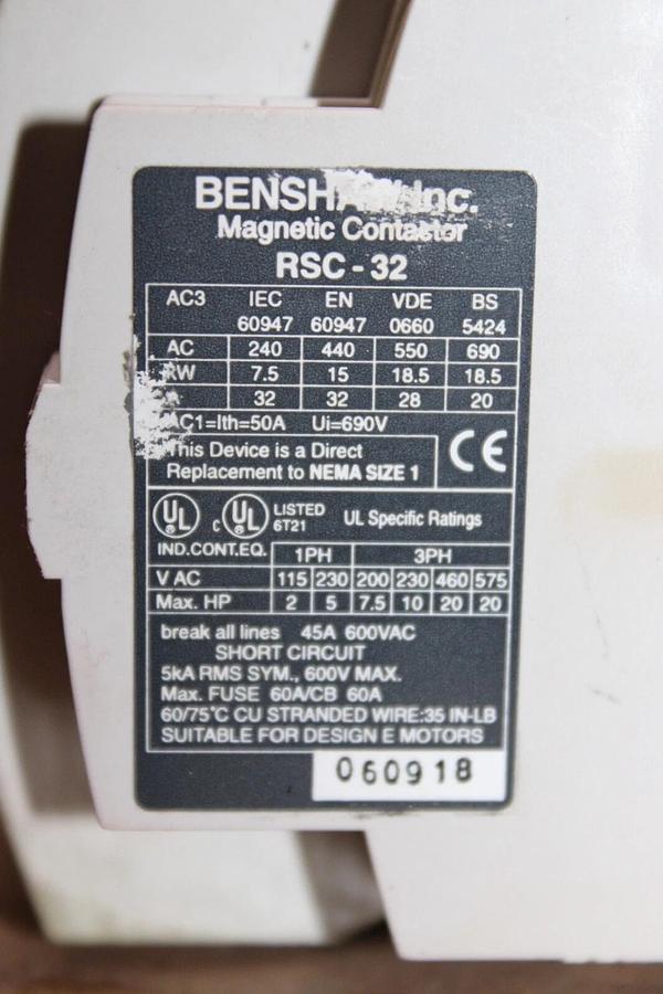 Used BENSHAW CONTACTOR RSC-32 32 AMP 600 VAC 20 HP **WARRANTY**