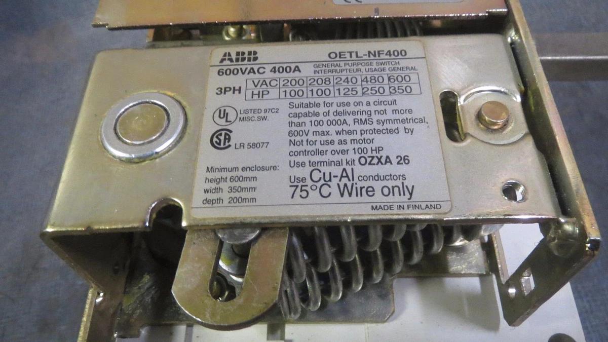 Used ABB GENERAL PURPOSE SWITCH 400 AMP 600 VAC 3 PHASE W/ LUGS MODEL: OETL-NF400
