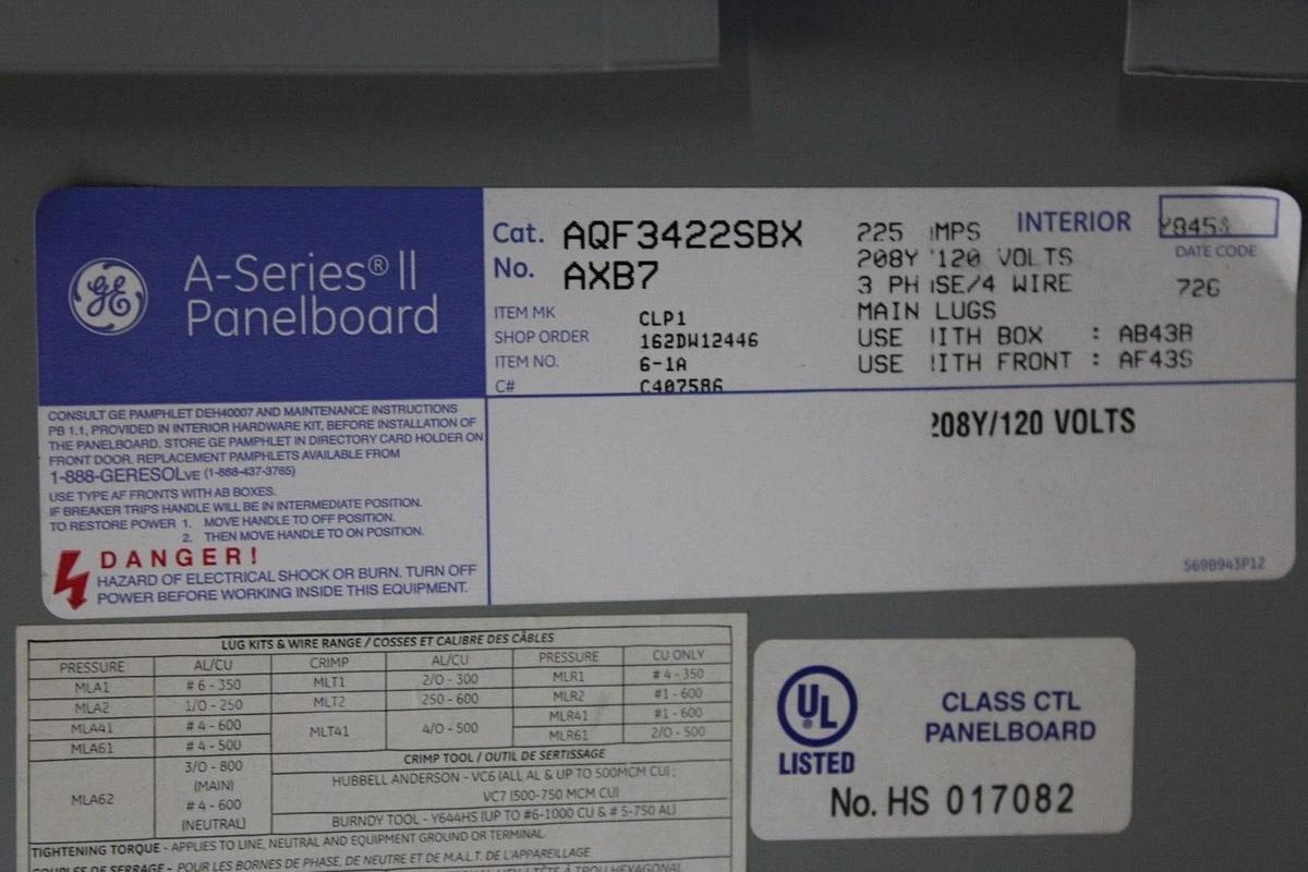 Used GENERAL ELECTRIC SERVICE PANELBOARD AB43B 225 AMP 208Y/120V 3-PHASE NEMA 1