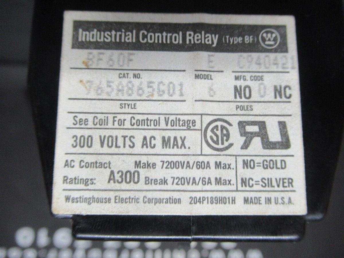 Used WESTINGHOUSE INDUSTRIAL CONTROL RELAY BF60F MODEL E 6-POLE 60 AMP 120 VAC