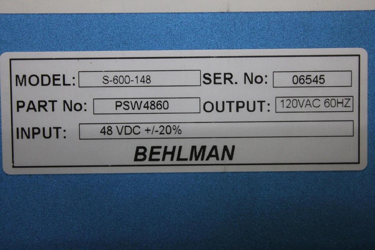 Used BEHLMAN PURE SINE WAVE INVERTER S600-148 INPUT: 48 VDC OUTPUT: 110 VAC 600W