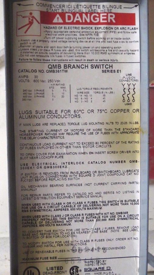 Used SQUARE D DUAL FUSIBLE SWITCH QMB361TW SERIES E1 30 AMP 3 POLE 600 VAC 20 HP