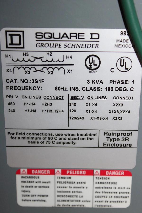 Used SQUARE D TRANSFORMER 3S1F 3KVA SINGLE PHASE PRI: 240/480V SEC: 120/240V 3R ENCL.