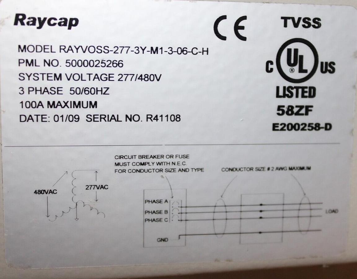 Used RAYCAP TRANSIENT VOLTAGE SUPPRESSOR RAYVOSS-277-3Y-M1-3-06-C-H 100 AMP