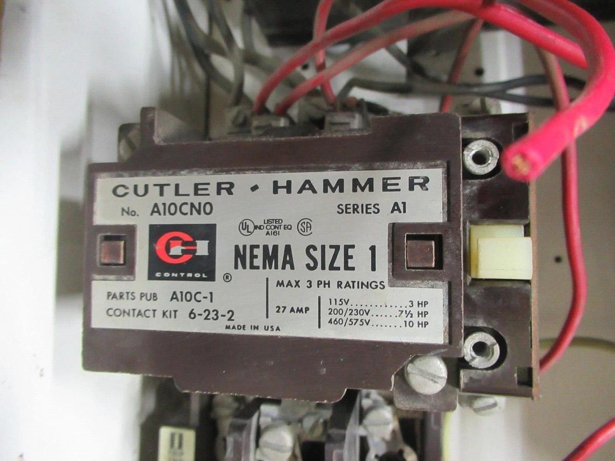 Used CUTLER HAMMER MOTOR STARTER CONTROL 12" W/ A10CN0 NEMA SIZE 1 15 AMP 600 VAC