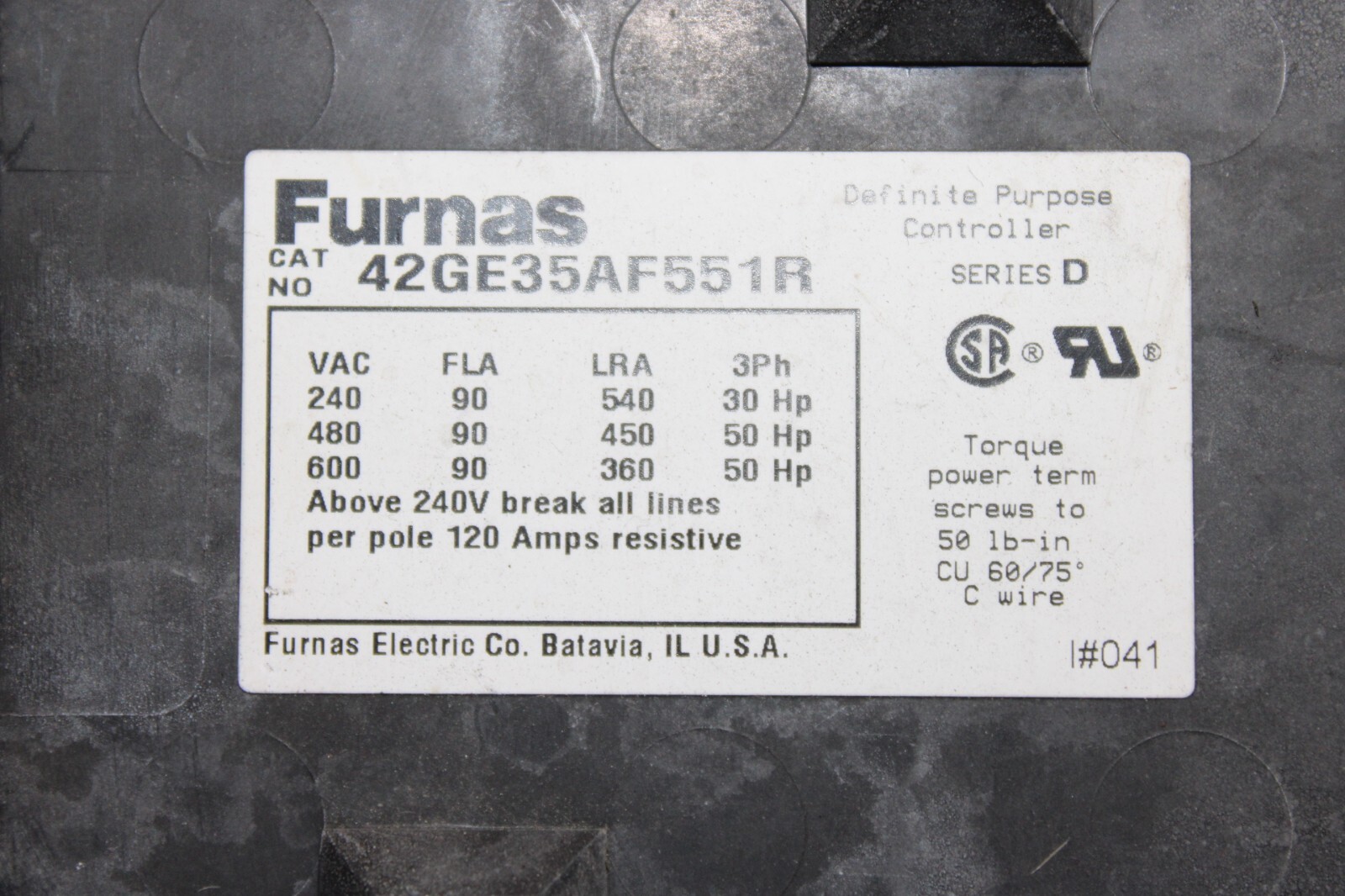 Used FURNAS DEFINITE PRUPOSE CONTACTOR 42GE35AF551R 90 AMP 600 VAC 50 HP 3-PHASE