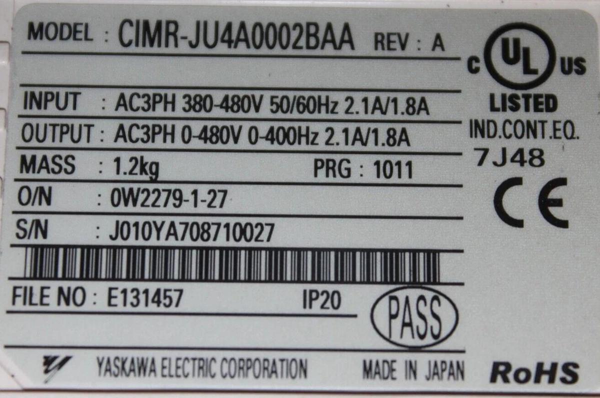 Used YASKAWA VARIABLE FREQUENCY DRIVE CIMR-JU4A0002BAA REV. A 480 VAC 2.1 AMP