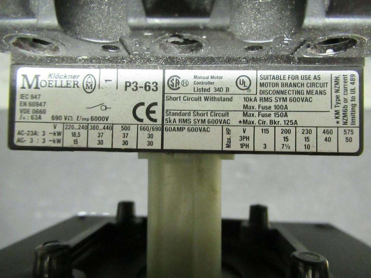 Used KLOCKNER MOELLER 60 AMP TWIST PANEL DISCONNECT SWITCH P3-63 40 HP @ 460 VAC 3 PH