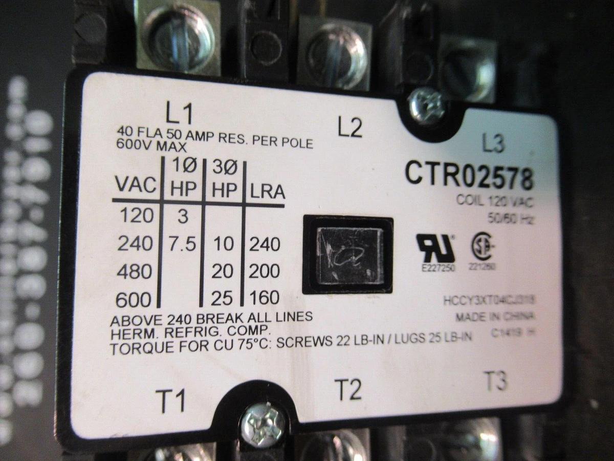 Used TRANE 3-PHASE CONTACTOR CTR02578 600 VAC 50 AMP 25 HP COIL: 120 VAC
