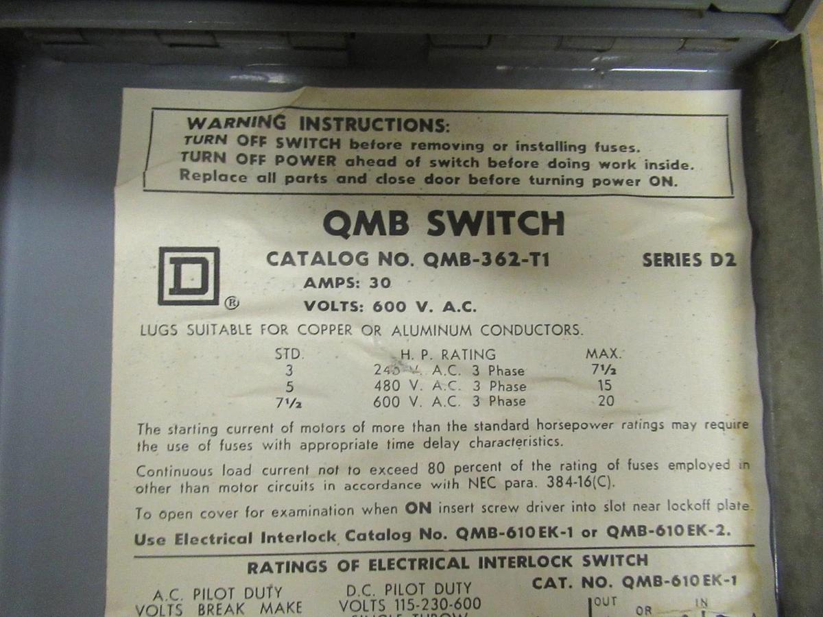Used SQUARE D QMB SAFLEX SWITCH UNIT QMB-362-T1 30A 600VAC 3 POLE SER. D2 3PHASE 20HP