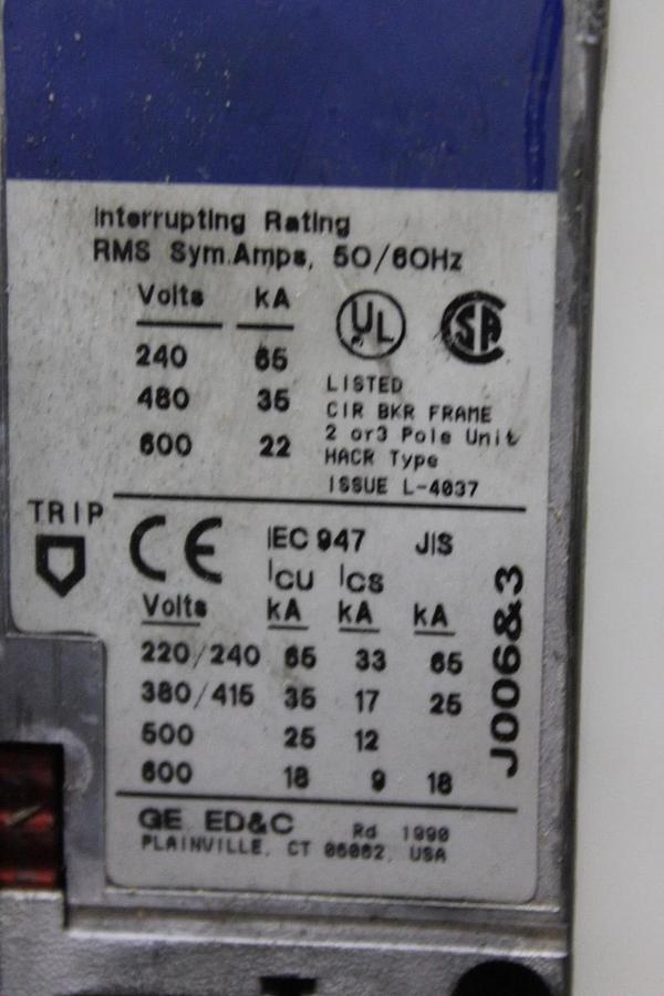 Used GENERAL ELECTRIC SPECTRA CIRCUIT BREAKER SFHA36AT0250 250 AMP 3-POLE 600 VAC