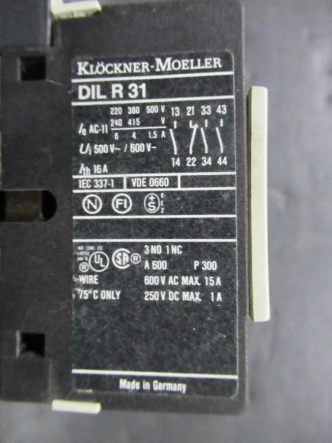 Used KLOCKNER-MOELLER CONTACTOR DIL-R-31 600 VAC 15 AMP COIL: 110/120 VOLT