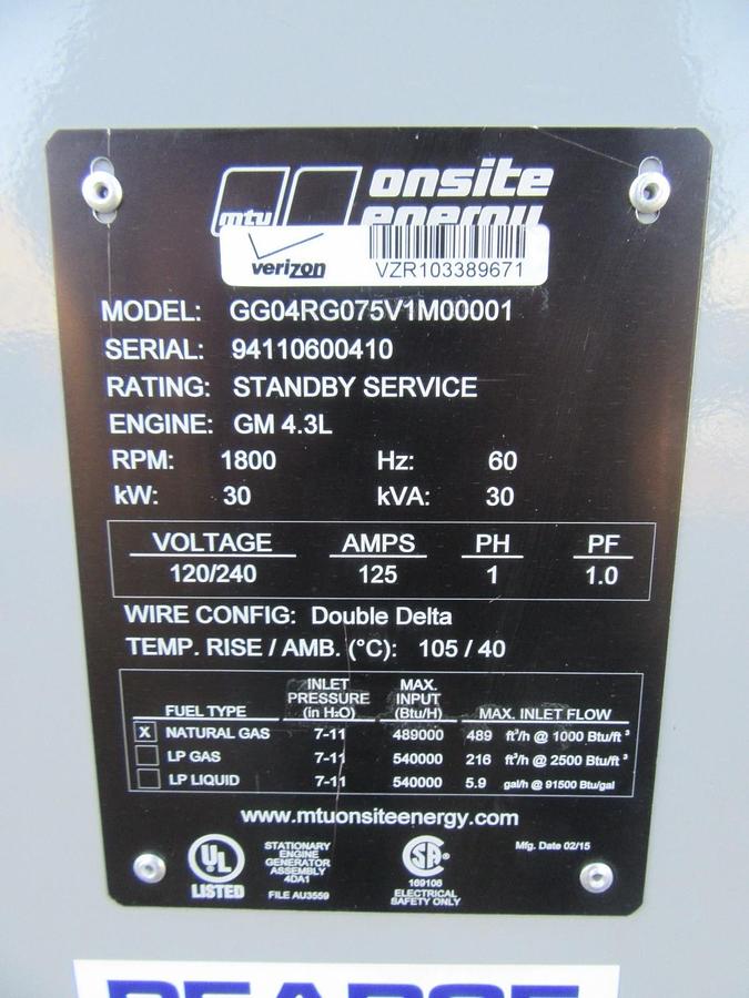 Used 30 KW GENERATOR MTU 4.3 NATURAL GAS LP PROPANE 120/240 VOLT 1 PH 35 KW 40KW 2015