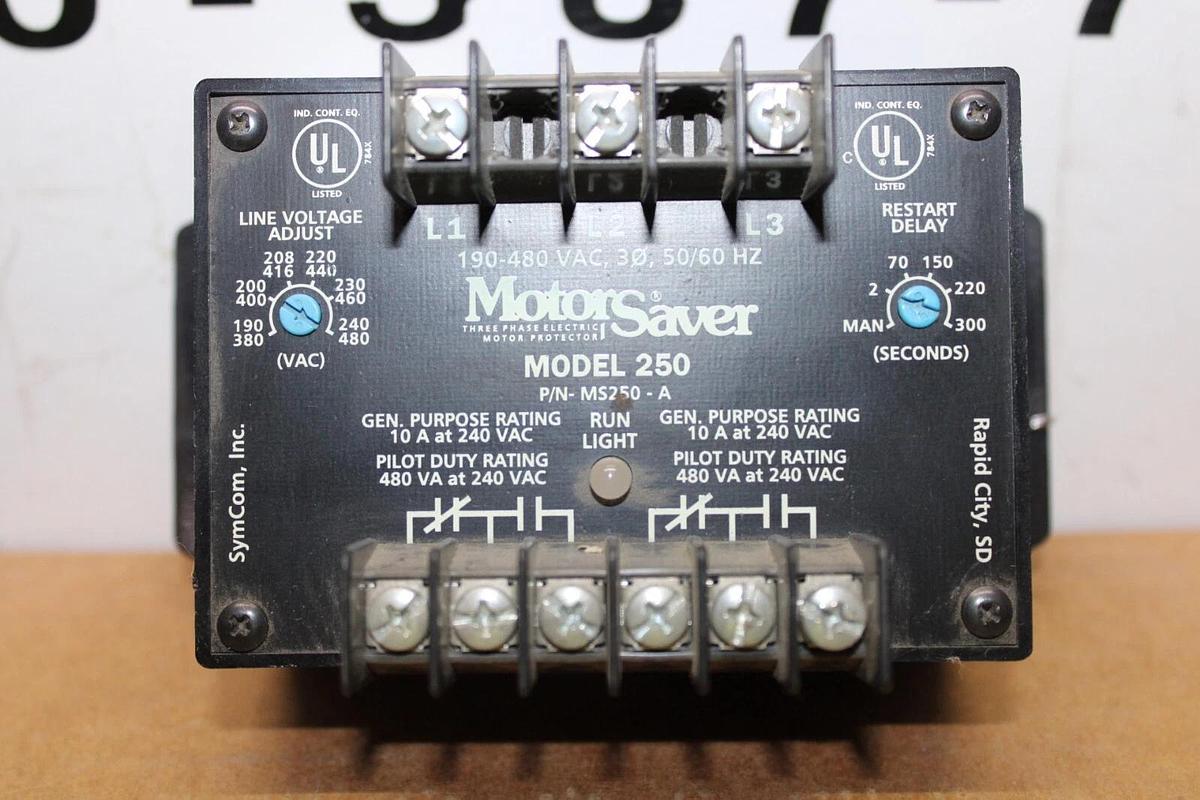 Used SYMCOM MOTOR SAVER 3-PHASE ELECTRIC MOTOR PROTECTOR MS250-A 10 AMP 240 VAC