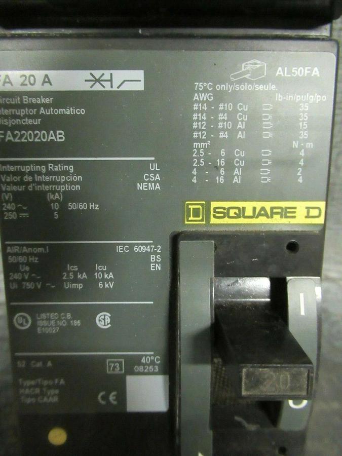 Used 20 AMP SQUARE D I LINE BREAKER FA22020AB 240 VAC 2-POLE AB-POLE **WARRANTY**