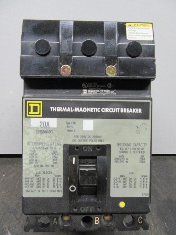 Used SQUARE D I-LINE BREAKER FHB36020 20 AMP 3-POLE 600 VAC **WARRANTY INCLUDED**