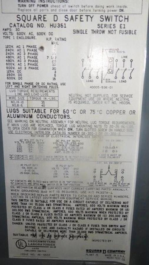 Used SQUARE D 30 AMP 600 VOLT NON-FUSIBLE DISCONNECT HU361 SAFETY SWITCH