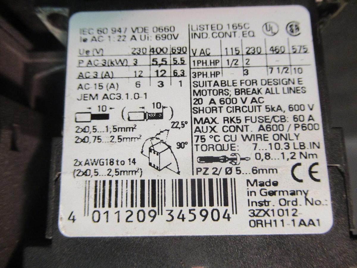 Used SIEMENS STARTER 3RT1017-1AK61 20 AMP 600 VAC 10 HP W/ 3RU1116-1JB0 OVERLOAD