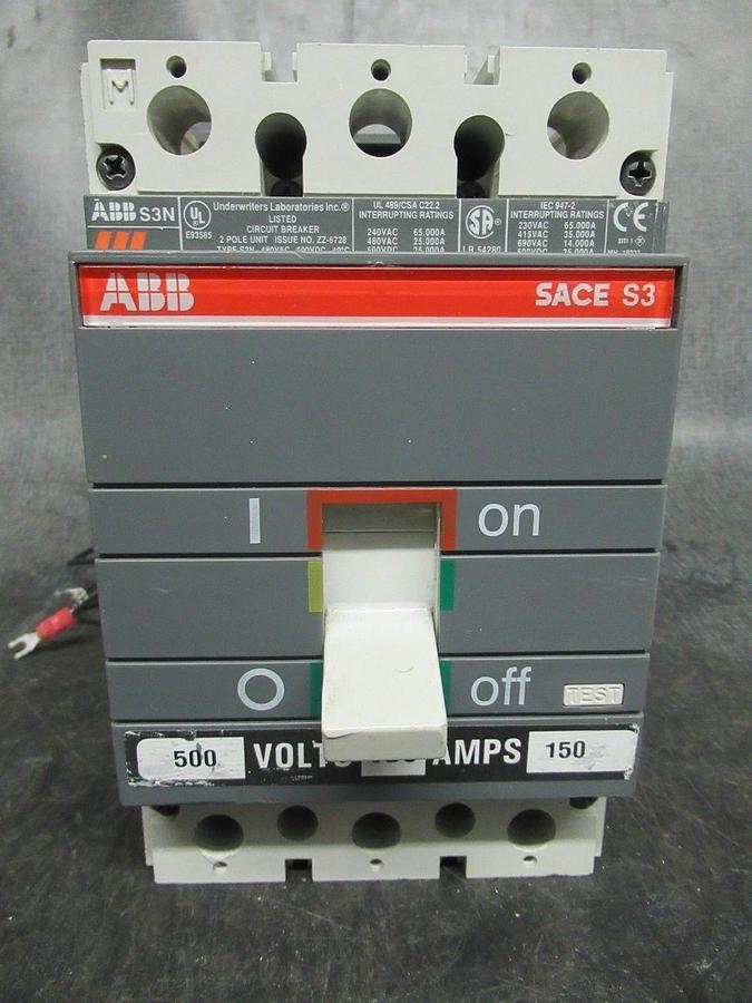 Used 150 AMP ABB BREAKER SACE S3 S3N 500 VDC 2 POLE W/ AUXILIARY SWITCH & UVR