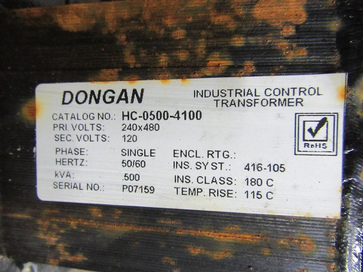 Used 0.5 KVA DONGAN TRANSFORMER HC-0500-4100 PRI: 240x480V SEC: 120 SINGLE PHASE