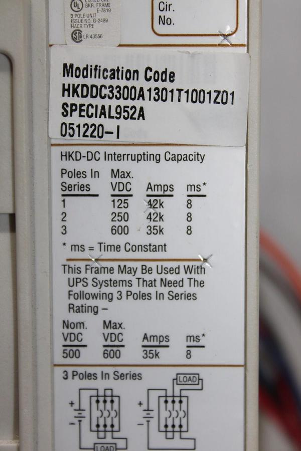 Used CUTLER HAMMER DC BREAKER HKDDC3400F 300 AMP 600 VDC W/ SHUNT TRIP **WARRANTY**