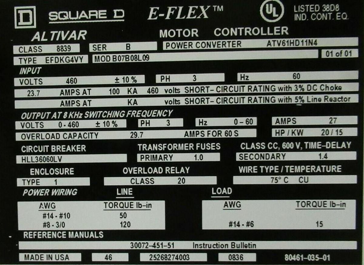 Used SQUARE D E-FLEX ALTIVAR VARIABLE SPEED DRIVE ATV61HD11N4 EFDKG4VY 460V 3-PHASE