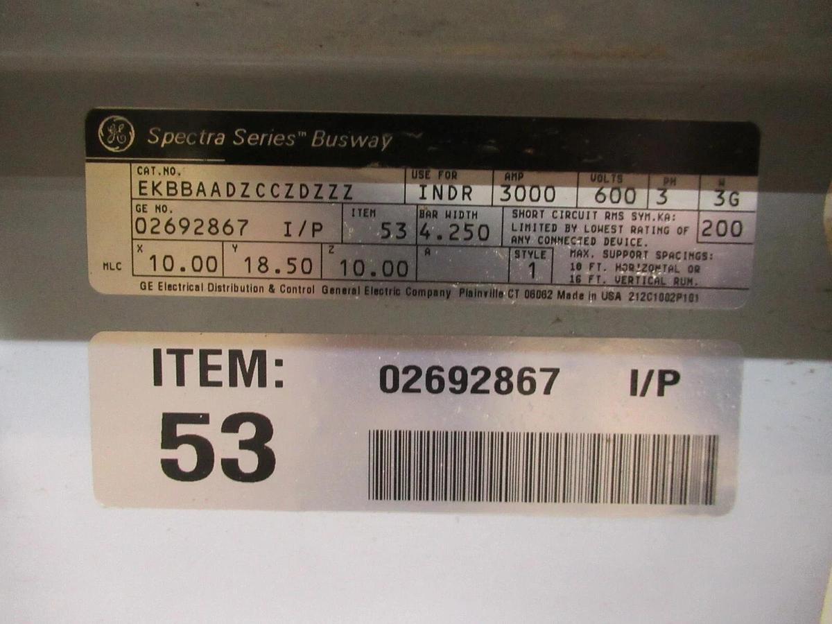 Used 3000 AMP GE SPECTRA SERIES EDGEWISE BUSWAY OFFSET 0292867 600 V 3 PH 3 W W/ G