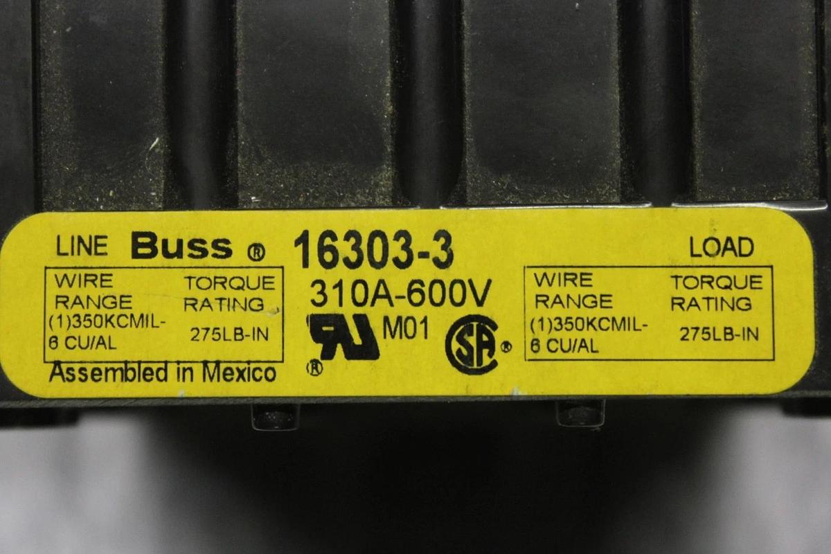 Used BUSS POWER DISTRIBUTION LUG 16303-3 3-POLE 310 AMP 600 VOLT CU/AL WIRE