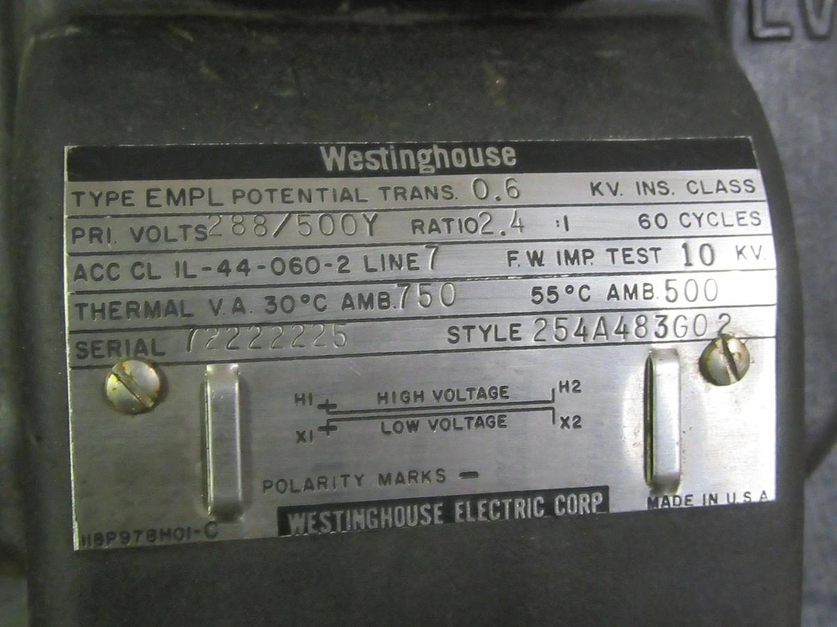 Used .6KVA WESTINGHOUSE POTENTIAL TRANSFORMER STYLE 254A483G02 288/500Y 2.4:1 RATIO