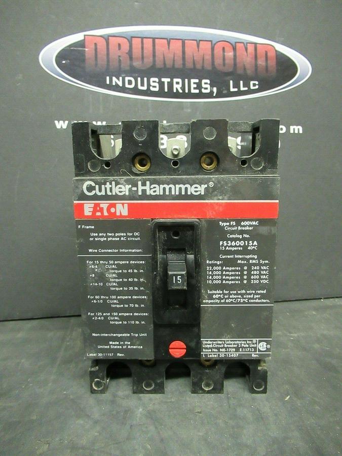 Used 15 AMP CUTLER HAMMER BREAKER FS360015A 600 VAC 3 POLE