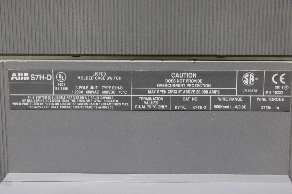 Used ABB MOLDED CASE SWITCH SACE S7H-D 1200 AMP 600 VOLT 3-POLE SACE S7
