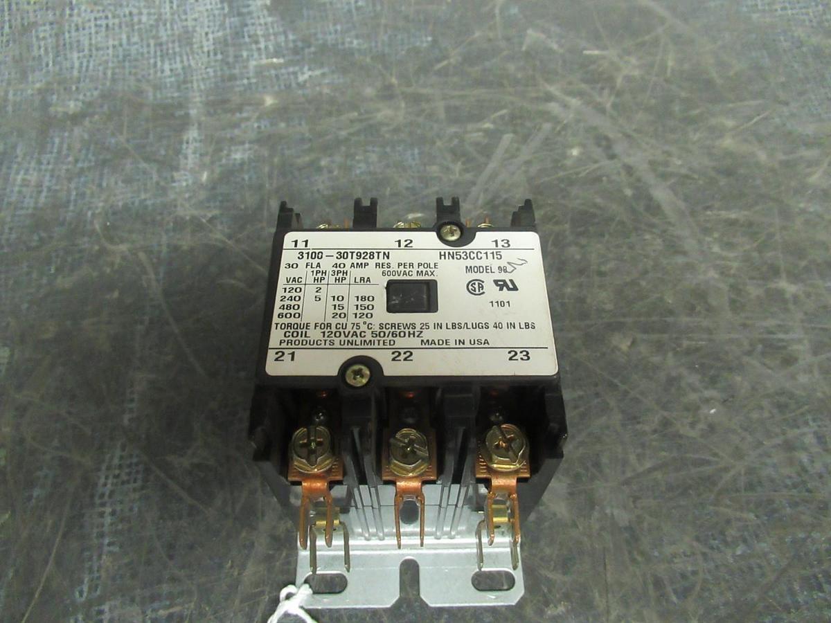 Used PRODUCTS UNLIMITED CONTACTOR 3100-30T928TN HN53CC115 600V 30A COIL: 120V