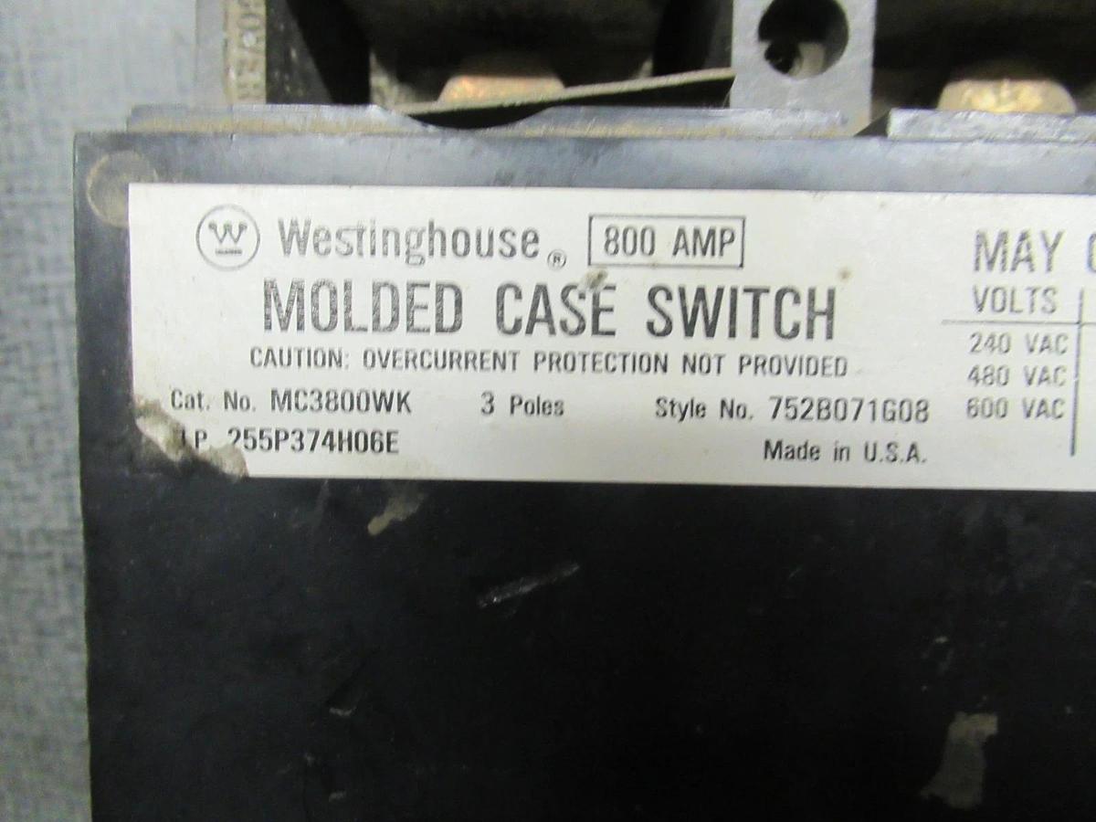 Used CUTLER-HAMMER MOLDED CASE SWITCH MC3800WK 800A 600VAC 3-POLE **WARRANTY**
