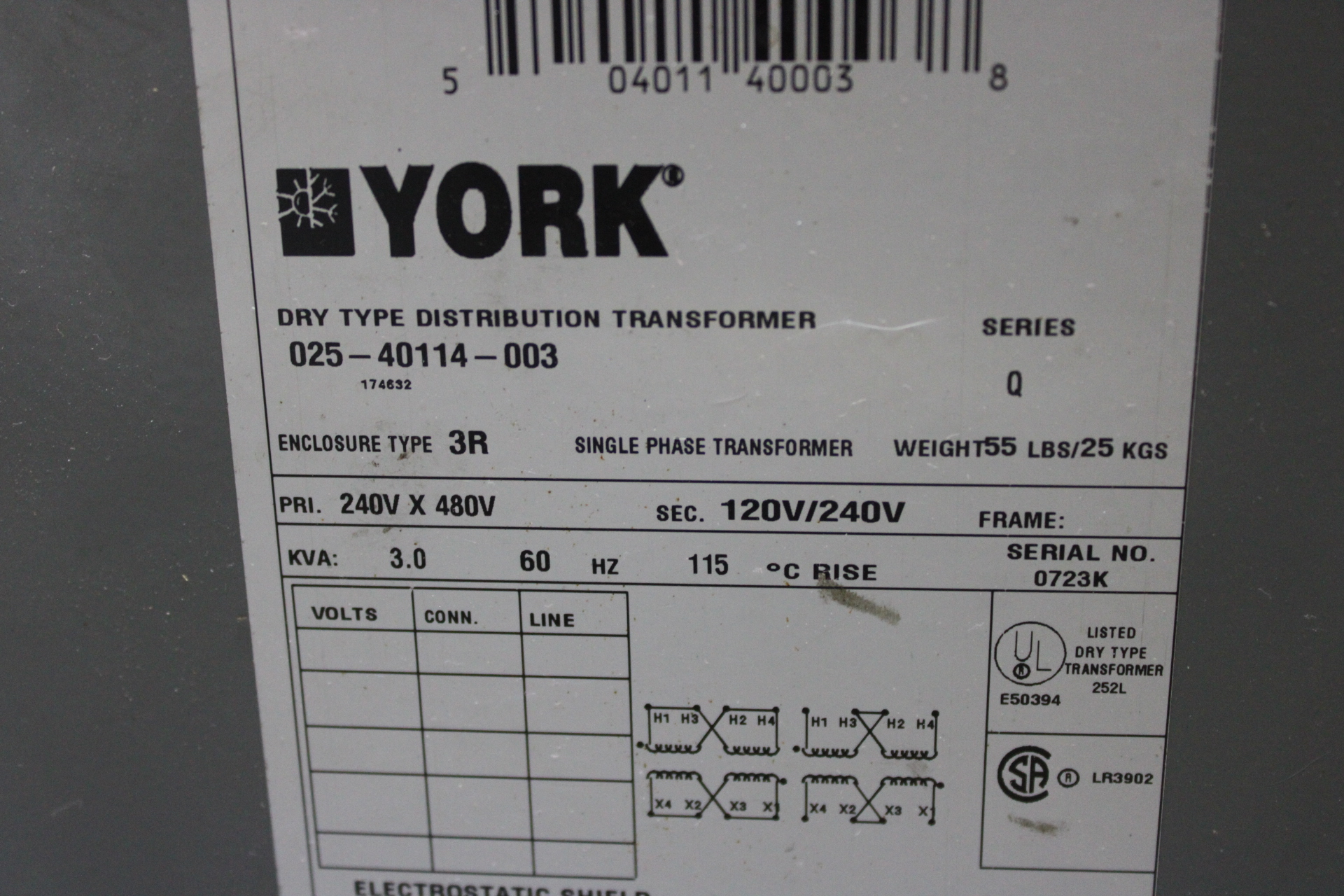 Used SQUARE D POWER TRANSFORMER 3S1F 3 KVA PRI: 240/120V SEC: 120/240V SINGLE PHASE