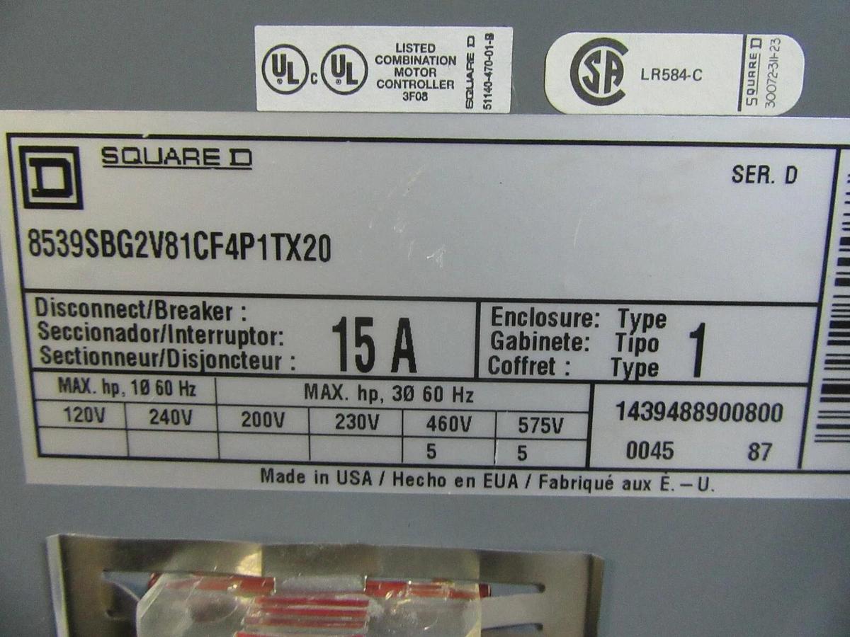 Used SQUARE D COMBINATION STARTER 8539SBG2 W/ 8536SBO2S 15 AMP 600 VAC SIZE 0